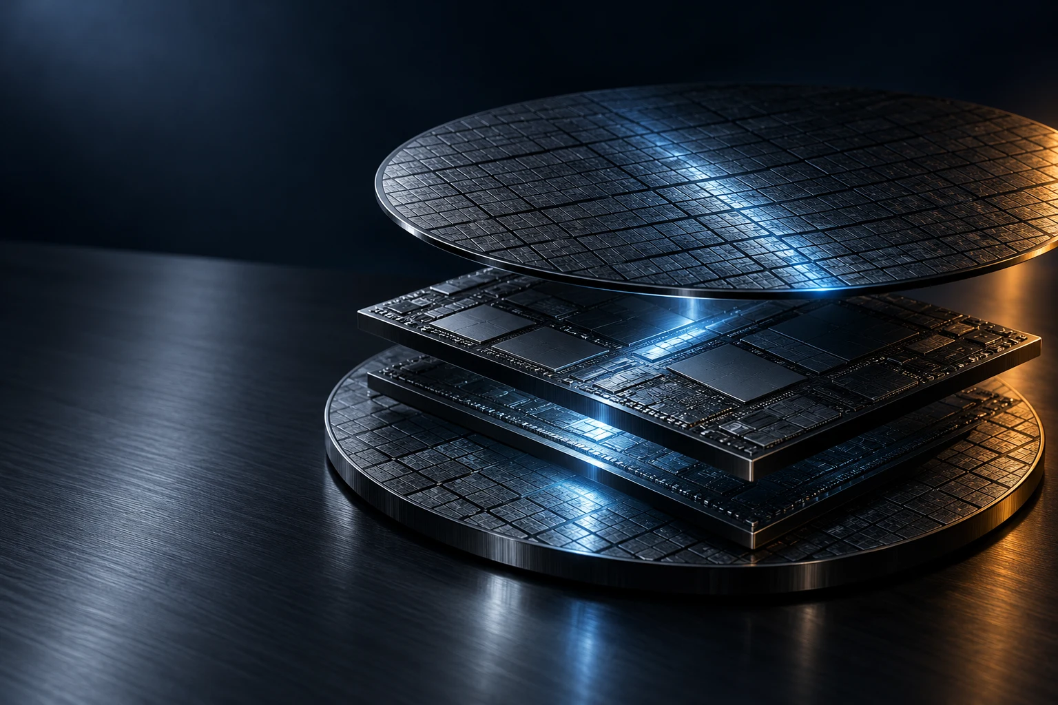 Conceptual illustration of layered silicon wafers and semiconductor plates under blue light